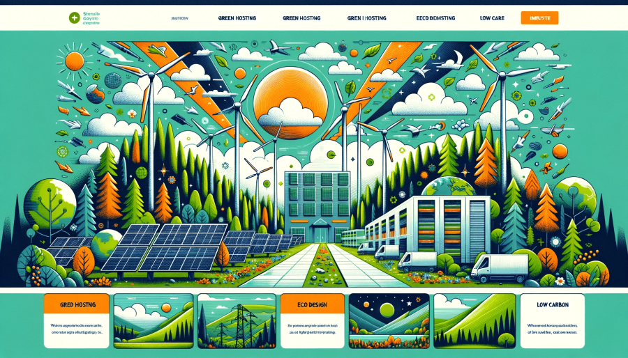 DALL·E 2023 10 31 17.18.13 Illustration of a website designed in a sustainable manner. The homepage is dominated by large vivid visuals showcasing renewable energy sources gre min 1